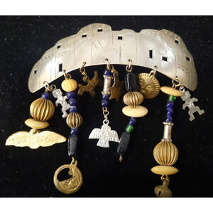 VTG 1980s Mixed Metal Dangle Brooch Artisan Southwest Folk Art Celestial Boho